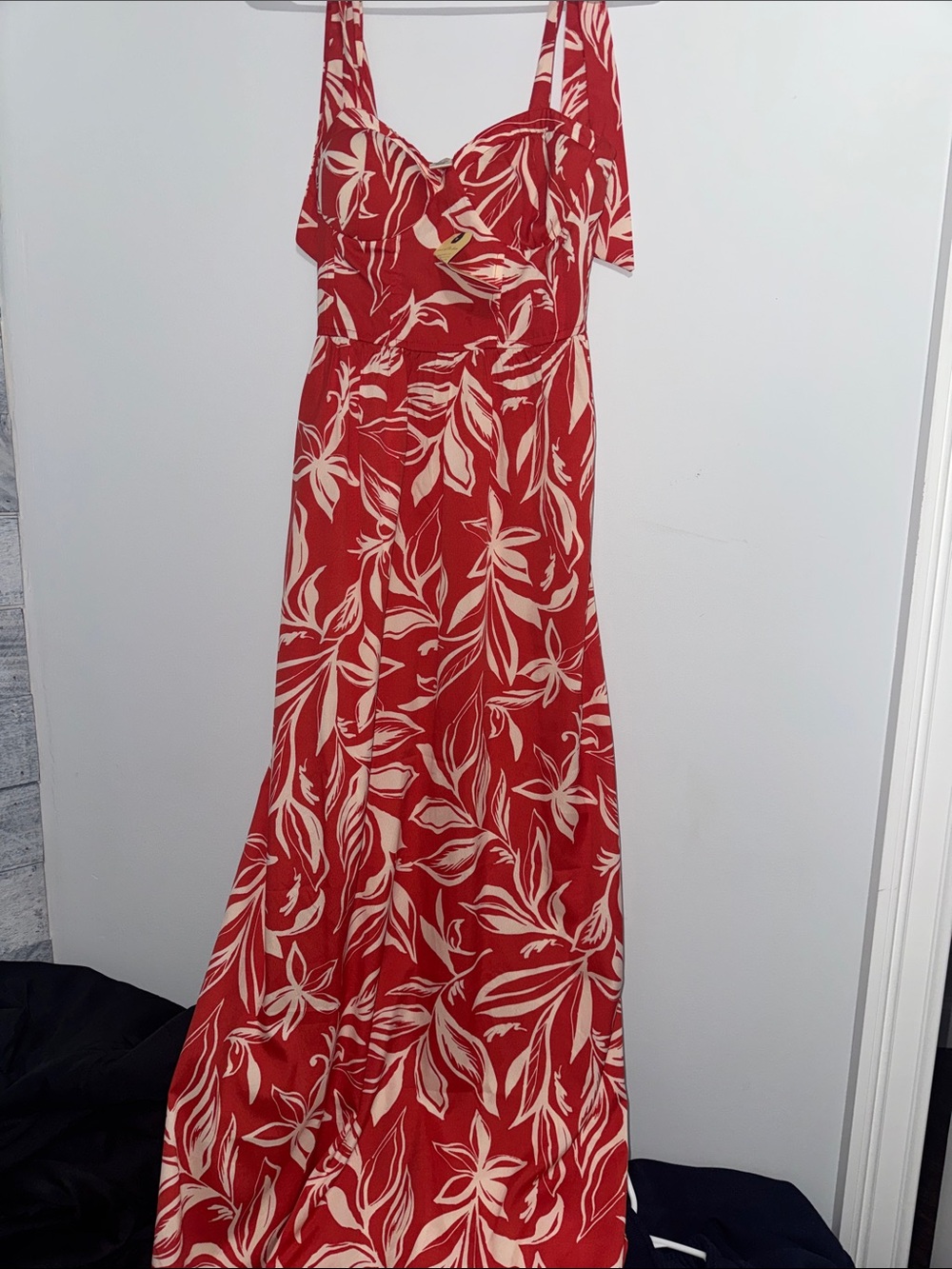 Sleeveless Red Maxi Dress with Cream Botanical Print